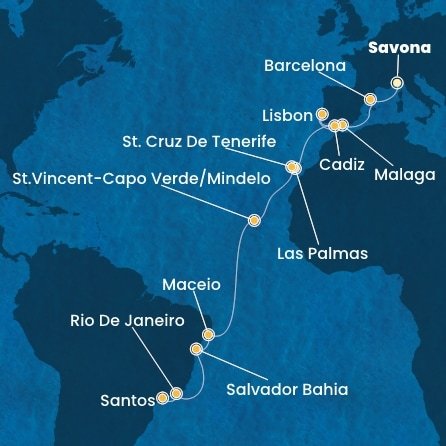 Taliansko, Španielsko, Portugalsko, Kapverdy, Brazília ze Savony na lodi Costa Diadema
