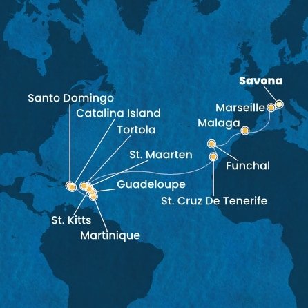 Taliansko, Francúzsko, Španielsko, Portugalsko, Svatý Martin, Martinik, Guadeloupe, Svätý Krištof a Nevis, Britské Panenské ostrovy, Dominikánska republika ze Savony na lodi Costa Fascinosa