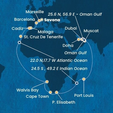 Taliansko, Francúzsko, Španielsko, Namíbia, Juhoafrická republika, Maurícius, Omán, Spojené arabské emiráty, Katar ze Savony na lodi Costa Smeralda