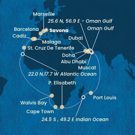 Taliansko, Francúzsko, Španielsko, Namíbia, Juhoafrická republika, Maurícius, Omán, Spojené arabské emiráty, Katar ze Savony na lodi Costa Smeralda