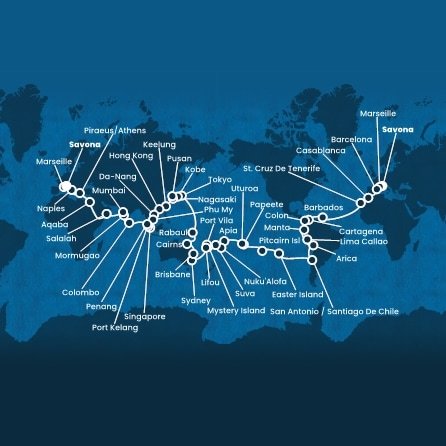 Taliansko, Francúzsko, Španielsko, Maroko, Barbados, Kolumbia, Panama, Ekvádor, Peru, Chile, Zámořské území Velké Británie, Francouzská Polynésie, Samoa, Tonga, Fiji, Vanuatská republika, Nová Kaledonie, Austrália, Papua Nová Guinea, Japonsko, Južná Kórea, Tchaj-wan, Čína, Vietnam, Singapur, Malajzia, Srí Lanka, India, Omán, Jordánsko, Grécko zo Savony na lodi Costa Deliziosa