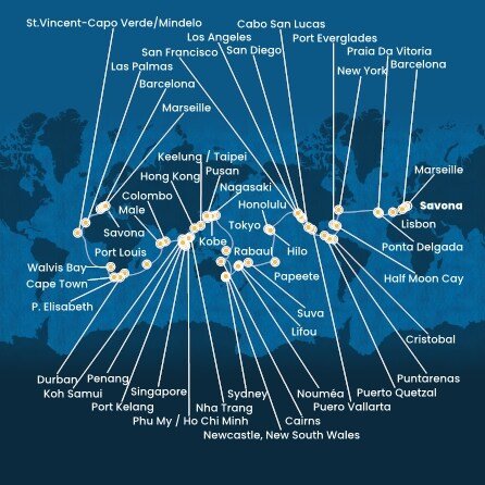 Taliansko, Francúzsko, Španielsko, Portugalsko, USA, Bahamy, Panama, Kostarika, Guatemala, Mexiko, Francouzská Polynésie, Fiji, Nová Kaledonie, Austrália, Papua Nová Guinea, Japonsko, Južná Kórea, Tchaj-wan, Čína, Vietnam, Thajsko, Singapur, Malajzia, Srí Lanka, Maledivy, Maurícius, Juhoafrická republika, Namíbia, Kapverdy ze Savony na lodi Costa Deliziosa