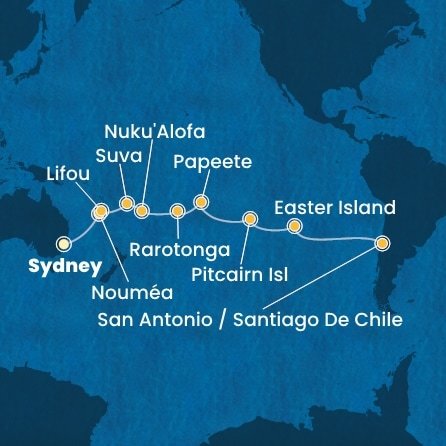 Austrália, Nová Kaledonie, Fiji, Tonga, Cookovy ostrovy, Francouzská Polynésie, Zámořské území Velké Británie, Chile ze Sydney na lodi Costa Serena