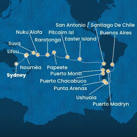 Austrália, Nová Kaledonie, Fiji, Tonga, Cookovy ostrovy, Francouzská Polynésie, Zámořské území Velké Británie, Chile, Argentína ze Sydney na lodi Costa Serena
