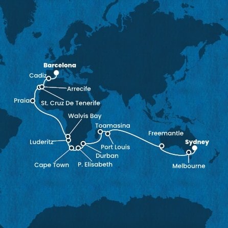 Austrália, Maurícius, Madagaskar, Juhoafrická republika, Namíbia, Kapverdy, Španielsko ze Sydney na lodi Costa Deliziosa