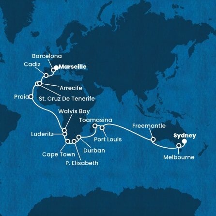 Austrália, Maurícius, Madagaskar, Juhoafrická republika, Namíbia, Kapverdy, Španielsko, Francúzsko ze Sydney na lodi Costa Deliziosa