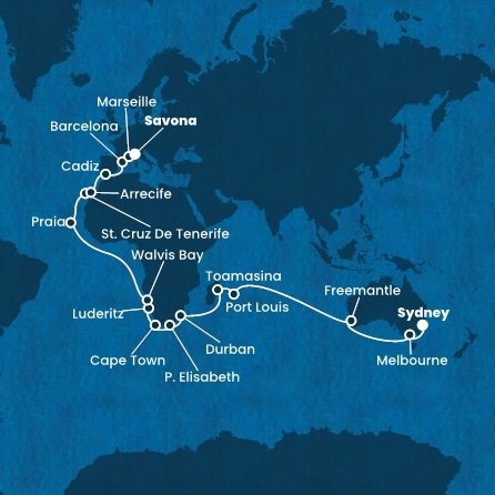 Austrália, Maurícius, Madagaskar, Juhoafrická republika, Namíbia, Kapverdy, Španielsko, Francúzsko, Taliansko ze Sydney na lodi Costa Deliziosa