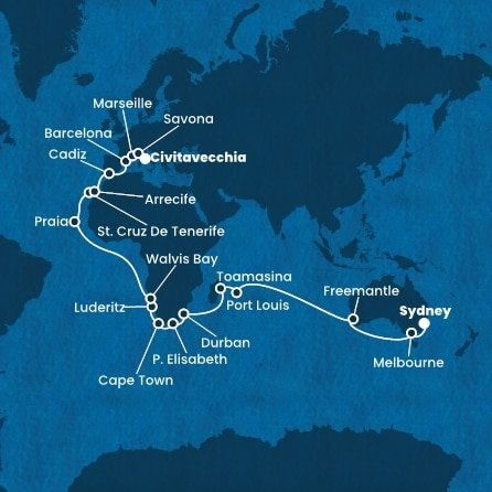 Austrália, Maurícius, Madagaskar, Juhoafrická republika, Namíbia, Kapverdy, Španielsko, Francúzsko, Taliansko ze Sydney na lodi Costa Deliziosa