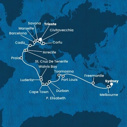 Austrália, Maurícius, Madagaskar, Juhoafrická republika, Namíbia, Kapverdy, Španielsko, Francúzsko, Taliansko, Grécko ze Sydney na lodi Costa Deliziosa