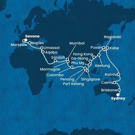 Austrália, Papua Nová Guinea, Japonsko, Južná Kórea, Tchaj-wan, Čína, Vietnam, Singapur, Malajzia, Srí Lanka, India, Omán, Jordánsko, Cyprus, Taliansko, Francúzsko ze Sydney na lodi Costa Deliziosa