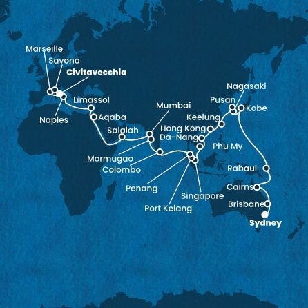 Austrália, Papua Nová Guinea, Japonsko, Južná Kórea, Tchaj-wan, Čína, Vietnam, Singapur, Malajzia, Srí Lanka, India, Omán, Jordánsko, Cyprus, Taliansko, Francúzsko ze Sydney na lodi Costa Deliziosa