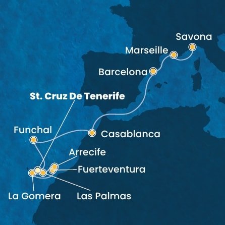 Španielsko, Portugalsko, Maroko, Francúzsko, Taliansko z Tenerife na lodi Costa Fortuna