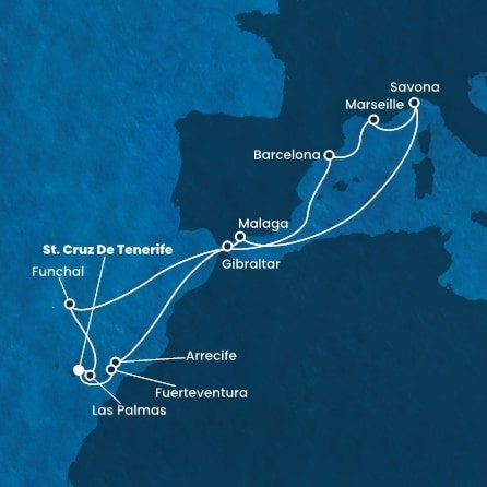 Španielsko, Portugalsko, Francúzsko, Taliansko, Gibraltár z Tenerife na lodi Costa Diadema