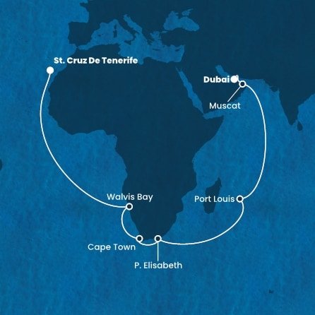 Španielsko, Namíbia, Juhoafrická republika, Maurícius, Omán, Spojené arabské emiráty z Tenerife na lodi Costa Smeralda