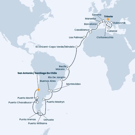 Taliansko, Chorvátsko, Francúzsko, Španielsko, Maroko, Kapverdy, Brazília, Uruguaj, Argentína, Chile z Trieste na lodi Costa Deliziosa