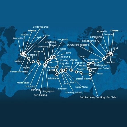 Taliansko, Francúzsko, Španielsko, Maroko, Barbados, Kolumbia, Panama, Ekvádor, Peru, Chile, Zámořské území Velké Británie, Francouzská Polynésie, Samoa, Tonga, Fiji, Vanuatská republika, Nová Kaledonie, Austrália, Papua Nová Guinea, Japonsko, Južná Kórea, Tchaj-wan, Čína, Vietnam, Singapur, Malajzia, Srí Lanka, India, Omán, Jordánsko, Grécko, Chorvátsko z Trieste na lodi Costa Deliziosa
