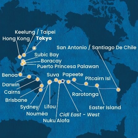 Japonsko, Tchaj-wan, Čína, Filipíny, Indonézia, Austrália, Nová Kaledonie, Fiji, Tonga, , Cookovy ostrovy, Francouzská Polynésie, Zámořské území Velké Británie, Chile z Tokia na lodi Costa Serena