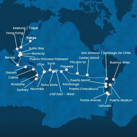 Japonsko, Tchaj-wan, Čína, Filipíny, Indonézia, Austrália, Nová Kaledonie, Fiji, Tonga, , Cookovy ostrovy, Francouzská Polynésie, Zámořské území Velké Británie, Chile, Argentína z Tokia na lodi Costa Serena
