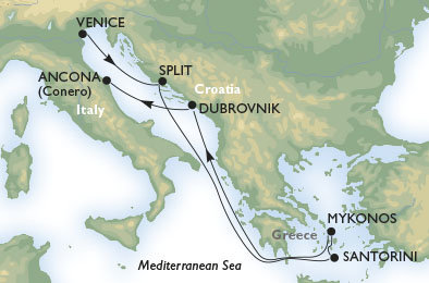 Prosluněný Jadran a řecké ostrovy z Benátek na lodi MSC Sinfonia z Benátok na lodi MSC Sinfonia