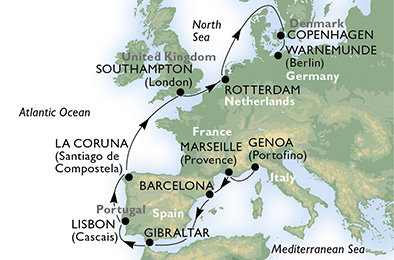 Taliansko, Francúzsko, Španielsko, Gibraltár, Portugalsko, Veľká Británia, Holandsko, Dánsko z Janova na lodi MSC Magnifica