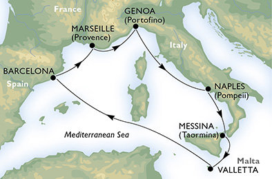 Taliansko, Malta, Španielsko, Francúzsko z Barcelony na lodi MSC Meraviglia
