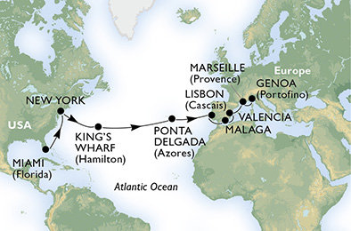 USA, Veľká Británia, Portugalsko, Španielsko, Francúzsko, Taliansko z Miami na lodi MSC Divina