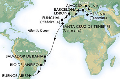 Taliansko, Francúzsko, Španielsko, Portugalsko, Brazília, Argentína z Benátok na lodi MSC Poesia