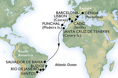 Taliansko, Španielsko, Portugalsko, Brazília z Janova na lodi MSC Preziosa