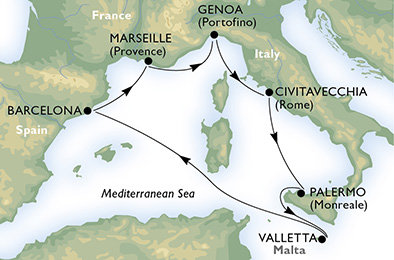 Taliansko, Malta, Španielsko, Francúzsko z Janova na lodi MSC Meraviglia