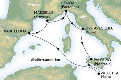 Taliansko, Malta, Španielsko, Francúzsko z Civitavechie na lodi MSC Meraviglia