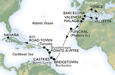 Taliansko, Malta, Španielsko, Portugalsko, Barbados, Svätá Lucia, Francúzsko, Veľká Británia, Kuba z Benátok na lodi MSC Armonia