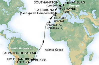 Brazília, Portugalsko, , Španielsko, Veľká Británia, Francúzsko, Nemecko zo Santosu na lodi MSC Magnifica