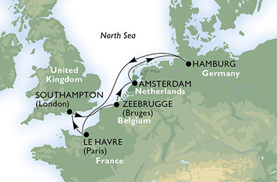 Veľká Británia, Belgicko, Holandsko, Nemecko, Francúzsko z Amsterdamu na lodi MSC Preziosa