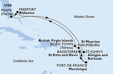 USA, Antigua a Barbuda, Svätý Krištof a Nevis, Francúzsko, Holandsko, Veľká Británia, Bahamy z Miami na lodi MSC Divina