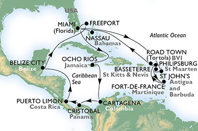USA, Antigua a Barbuda, Svätý Krištof a Nevis, Francúzsko, Holandsko, Veľká Británia, Bahamy, Jamajka, Kolumbia, Panama, Kostarika, Belize z Miami na lodi MSC Divina