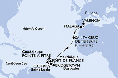 Martinik, Guadeloupe, Svätá Lucia, Barbados, Španielsko z Fort de France, Martinik na lodi MSC Fantasia