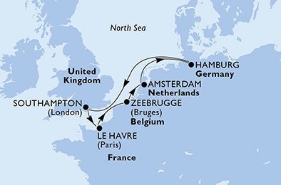 Francúzsko, Veľká Británia, Belgicko, Holandsko, Nemecko z Hamburgu na lodi MSC Magnifica