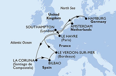 Nemecko, Veľká Británia, Francúzsko, Španielsko, Holandsko z Hamburgu na lodi MSC Magnifica