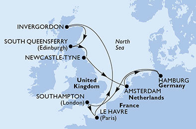 Francúzsko, , Veľká Británia, Holandsko, Nemecko z Hamburgu na lodi MSC Magnifica