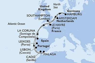 Francúzsko, , Portugalsko, Španielsko, Holandsko, Nemecko, Veľká Británia z Hamburgu na lodi MSC Magnifica