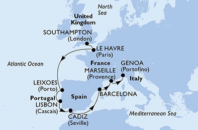 Veľká Británia, Francúzsko, Portugalsko, Španielsko, Taliansko zo Southamptonu na lodi MSC Magnifica