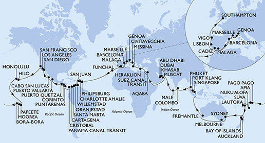 Taliansko, Francúzsko, Španielsko, Portugalsko, Svatý Martin, USA, Curacao, Aruba, Kolumbia, Panama, Nikaragua, Guatemala, Mexiko, Francouzská Polynésie, Americká Samoa, Samoa, Tonga, Fiji, Nový Zéland, Austrália, Singapur, Malajzia, Thajsko, Srí Lanka, Maledivy, Spojené arabské emiráty, Omán, Jordánsko, Egypt, Grécko, Veľká Británia z Janova na lodi MSC Magnifica