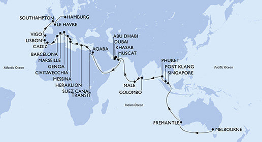 Austrália, Singapur, Malajzia, Thajsko, Srí Lanka, Maledivy, Spojené arabské emiráty, Omán, Jordánsko, Egypt, Grécko, Taliansko, Francúzsko, Španielsko, Portugalsko, Veľká Británia, Nemecko na lodi MSC Magnifica