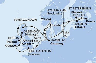 Nemecko, Veľká Británia, Írsko, Nórsko, Estónsko, Rusko, Fínsko z Hamburgu na lodi MSC Meraviglia