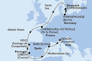 Taliansko, Španielsko, Portugalsko, Francúzsko, Dánsko, Nemecko z Janova na lodi MSC Orchestra