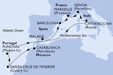 Francúzsko, Španielsko, Maroko, Portugalsko, Taliansko z Janova na lodi MSC Orchestra