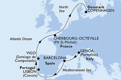 Taliansko, Španielsko, Portugalsko, Francúzsko, Dánsko z Janova na lodi MSC Orchestra