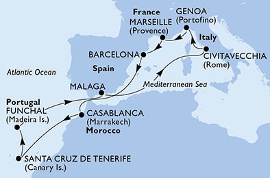 Francúzsko, Španielsko, Maroko, Portugalsko, Taliansko z Marseille na lodi MSC Orchestra