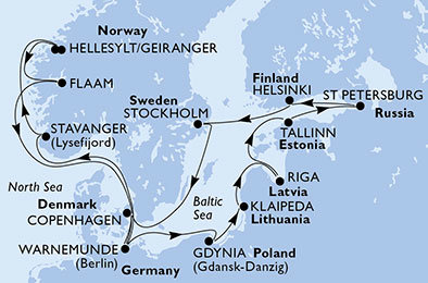 Poľsko, Litva, Lotyšsko, Estónsko, Rusko, Fínsko, Švédsko, Dánsko, Nórsko z Gdaňska na lodi MSC Orchestra