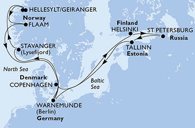 Švédsko, Nórsko, Dánsko, Fínsko, Rusko, Estónsko z Warnemünde na lodi MSC Orchestra